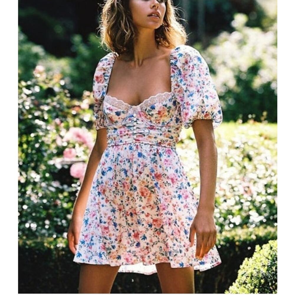 For Love &‎ Lemons Juliet Floral Satin Mini Dress Medium